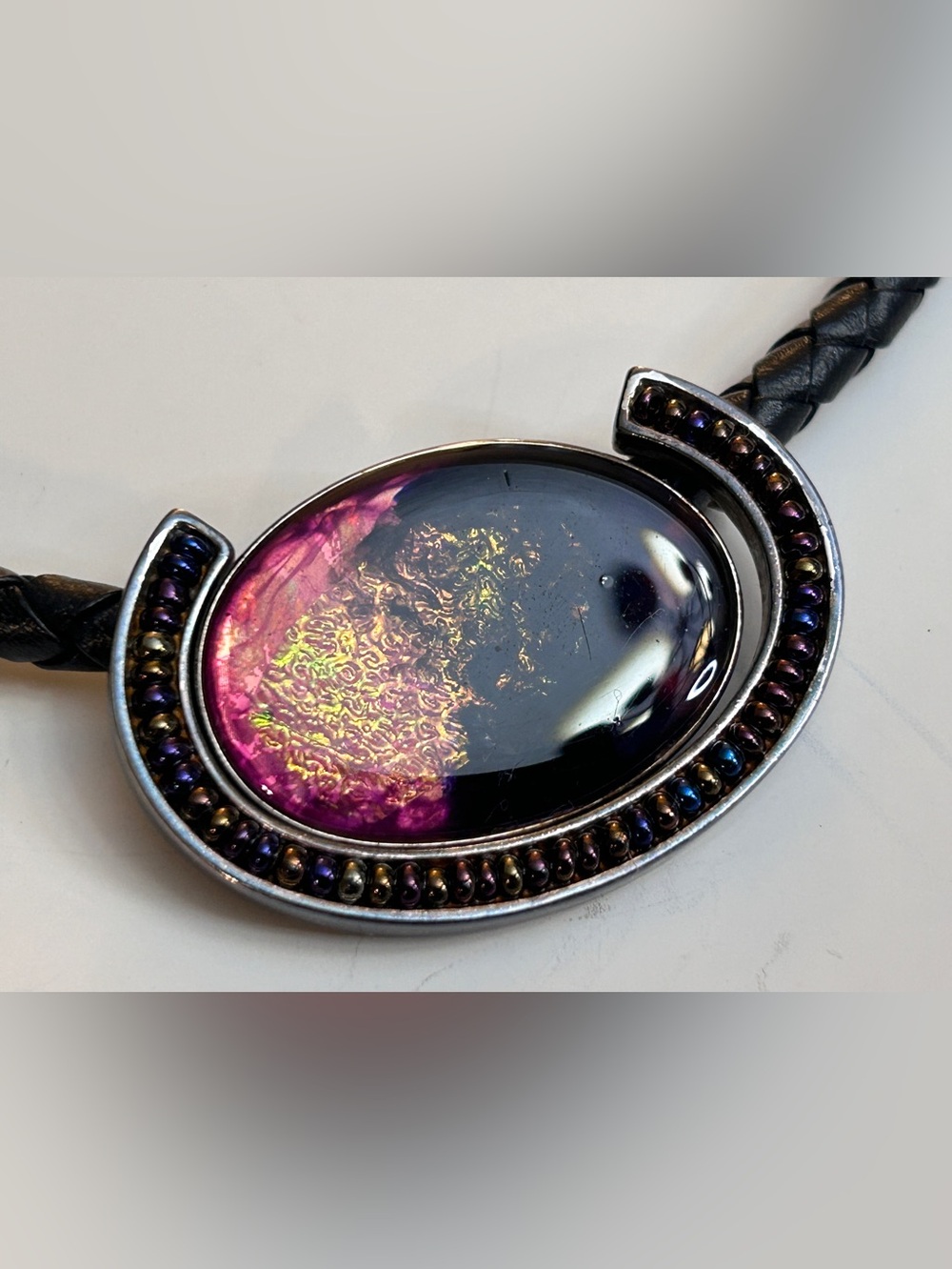 Vtg Signed Chico’s Dichroic Glass Corded Necklace - Unisex